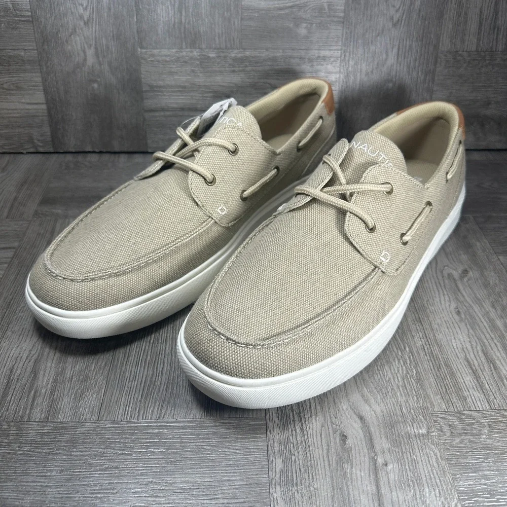 Nautica Ankar Boat Shoes Men 13 Tan Canvas Casual Nautical Loafers NEW